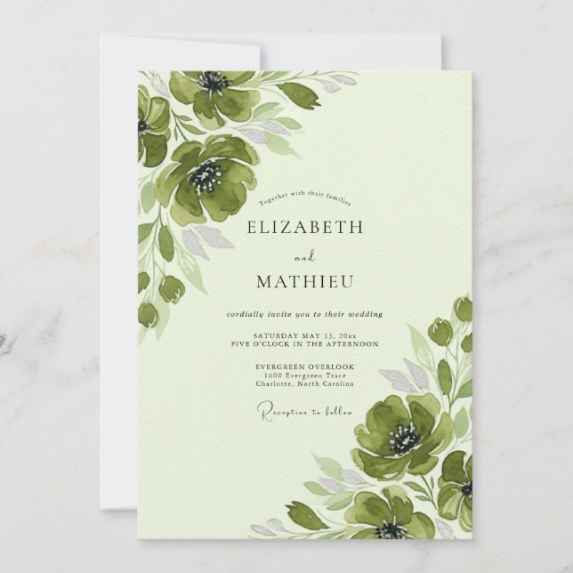 Moss Green Romantic Anemone Spring Wedding Invitation (Front)