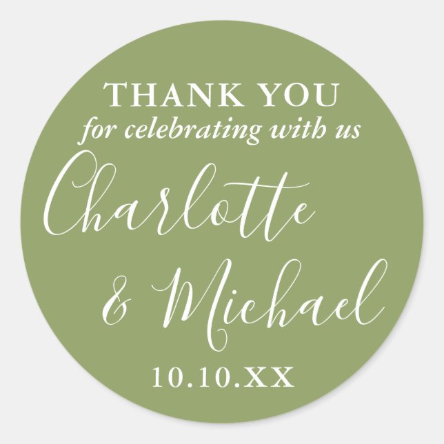 Moss Green Signature Wedding Favour Thank You Classic Round Sticker (Front)
