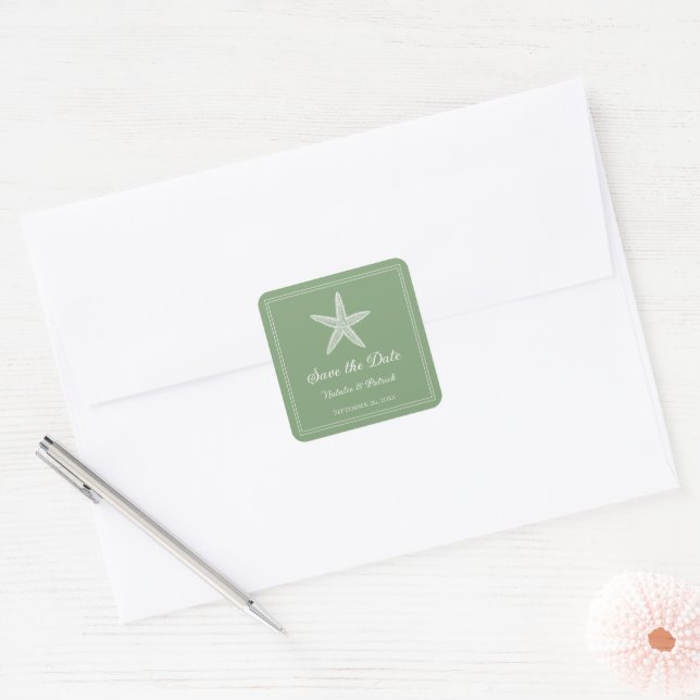 Moss Green Starfish Save the Date Square Sticker (Envelope)