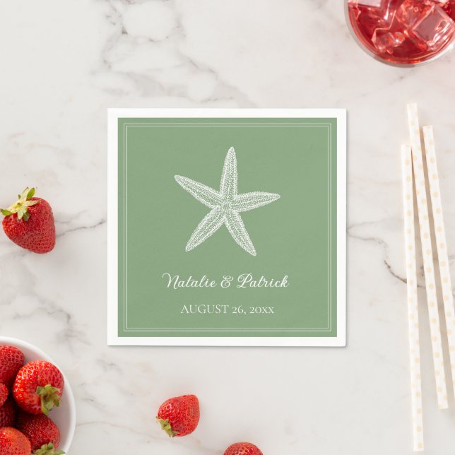 Moss Green Starfish Wedding Napkin (Insitu)