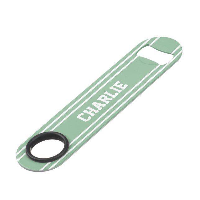 Moss Green Stripes custom monogram bottle opener (Back Angled)