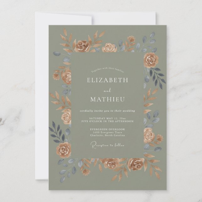 Moss Green Warm Botanical Wedding Invitation (Front)