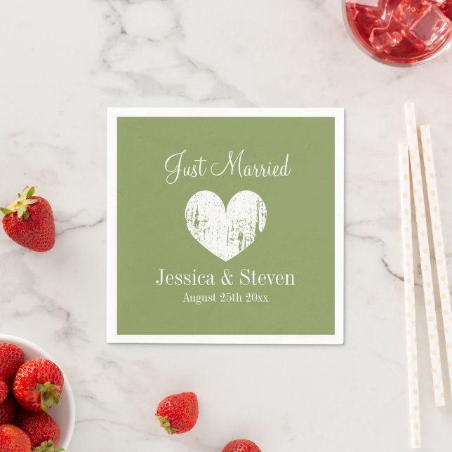 Moss green wedding party napkins with custom name (Insitu)