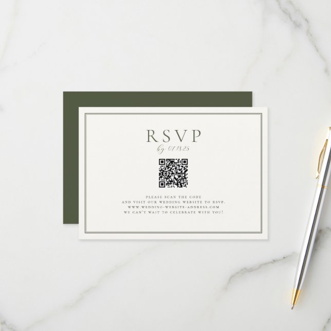 Moss Green Wedding QR Code RSVP Card (Front/Back In Situ)
