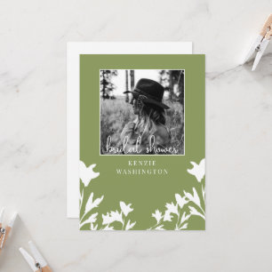 Moss Green White Floral B/W Photo Bridal Shower Invitation