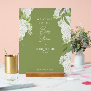  Moss Green White Floral Baby Shower Welcome Acrylic Sign