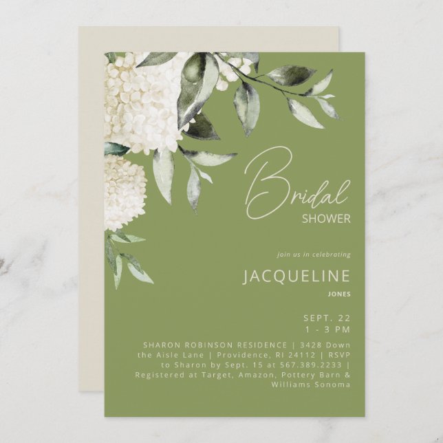 Moss Green White Hydrangeas Bridal Shower Invitation (Front/Back)