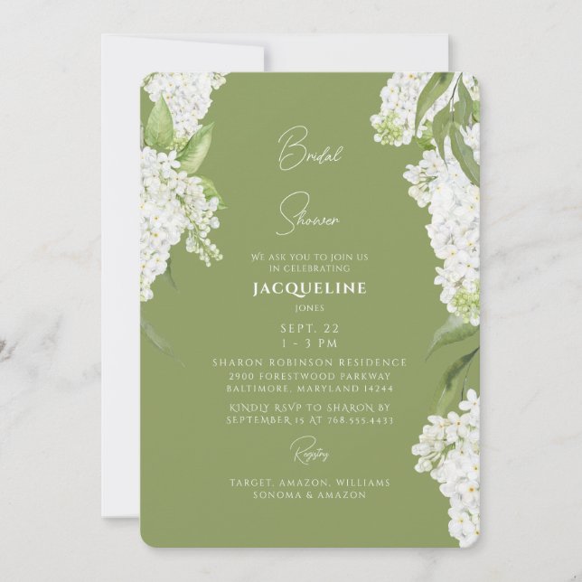 Moss Green White Hydrangeas Bridal Shower Invitation (Front)