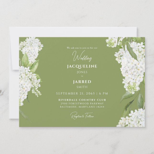 Moss Green White Hydrangeas Wedding  Invitation (Front)