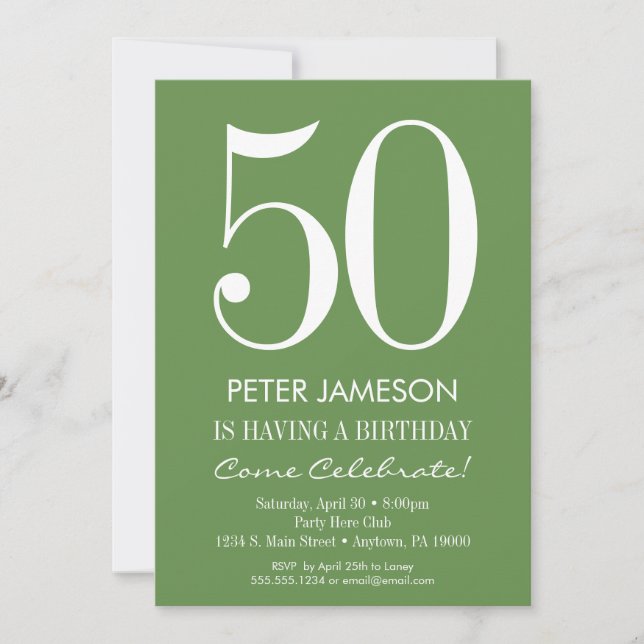 Moss Green White Modern Adult Birthday Invitations (Front)