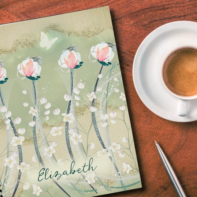 Moss Green & White Pastel Flowers Personalised Notebook (Capture your thoughts in style with our Moss Green & White Pastel Flowers Personalized Notebook.)