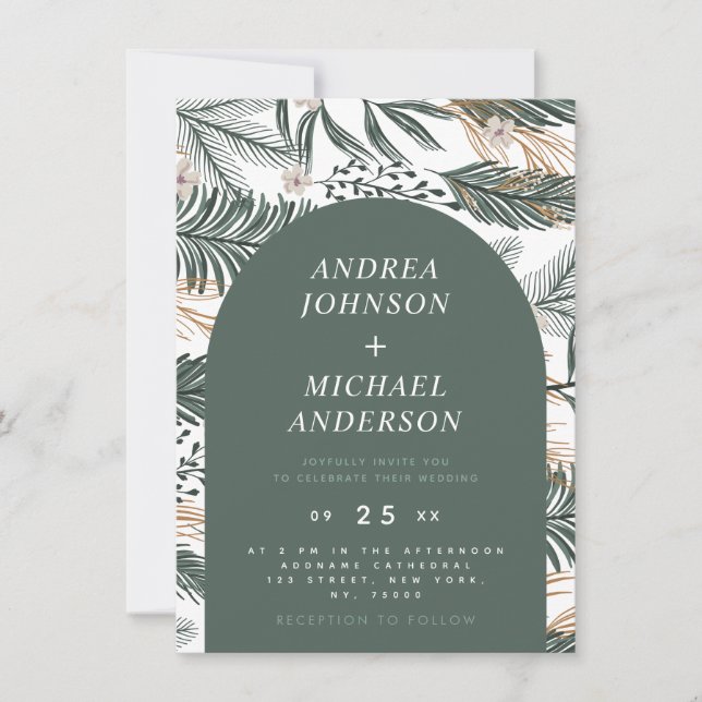 Moss Green Winter Forest Needles & Arch Flowers  Invitation (Front)
