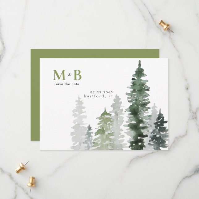 Moss Green Woodland Wedding Save The Date (Front/Back In Situ)
