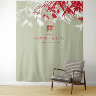 Moss Grey Bamboo Leaves Chinese Wedding Backdrop Tapestry