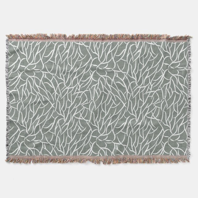 Moss sage green boho bare coral branches  throw blanket (Front)
