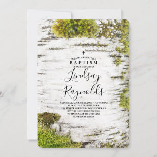 Mossy Birch Tree Rustic Countryside Baptism Invitation