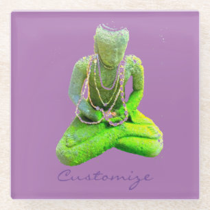 Mossy Green Buddha Meditating Thunder_Cove Glass Coaster