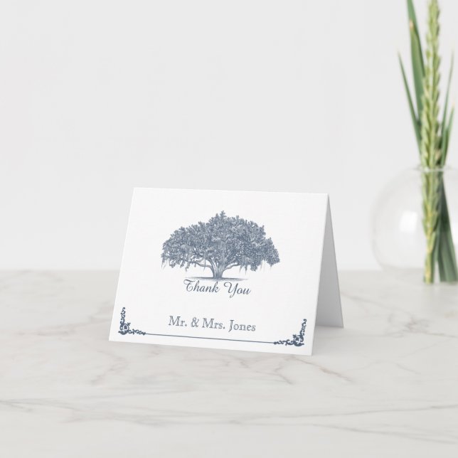 Mossy Oak Tree in Blue Wedding Thank You Card (Front)