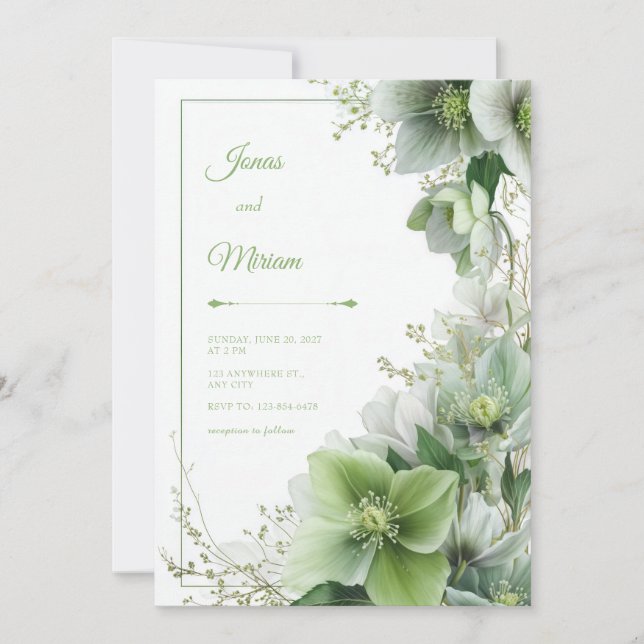 Mossy Sage Hellebore Botanical Frame Wedding Invitation (Front)