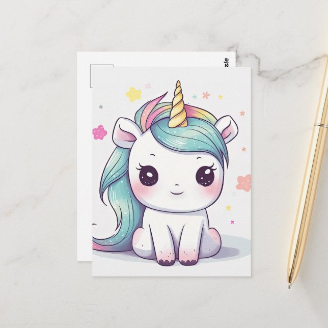Most Adorable Pastel Kawaii Unicorn Postcard (Front/Back In Situ)