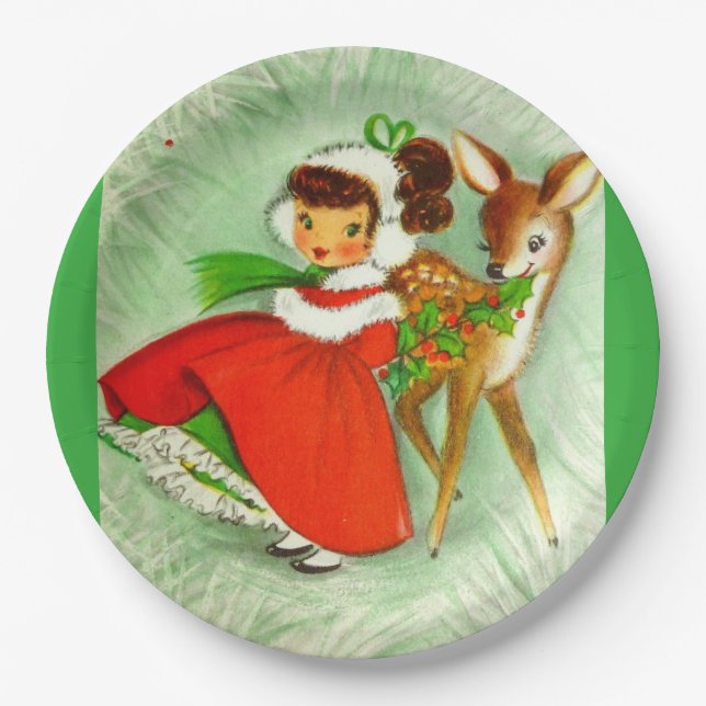 Most Beautiful Vintage Christmas Deer & Girl Paper Plate (Front)