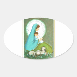Most Beautiful Vintage Mid Century Madonna & Child Oval Sticker