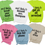 Most Likely To Bachelorette Party Girl Trip Custom T-Shirt<br><div class="desc">Celebrate your girl trip in style with our "Most Likely To" Bachelorette Party Girl Trip Custom T-Shirt! These shirts are the perfect choice for a fun and memorable getaway with your favourite ladies. Featuring a playful "Most Likely To" design, these matching funny bachelorette shirts add a touch of humour and...</div>