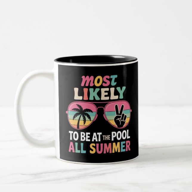 Most Likely To Be At The Pool All Summer Teacher  Two-Tone Coffee Mug (Left)