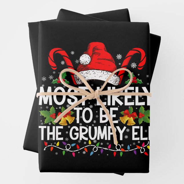 Most Likely To Be The Grumpy Elf Funny Xmas Wrapping Paper Sheet (In situ)