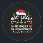 Most Likely To Forget The Hidden Family Christmas  Classic Round Sticker<br><div class="desc">Most Likely To Forget The Hidden Family Christmas</div>