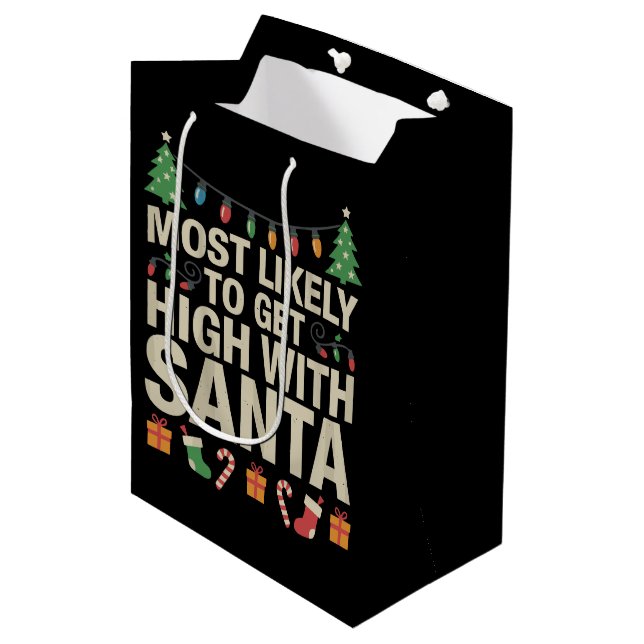 Most Likely To Get High With Santa Christmas Funny Medium Gift Bag (Front Angled)