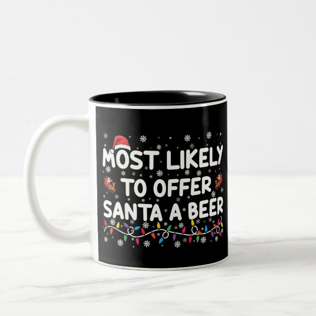 Most Likely To Offer Santa A Beer Christmas Lights Two-Tone Coffee Mug (Left)