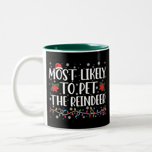 Most Likely To Pet The Reindeer Christmas Family Two-Tone Coffee Mug (Left)