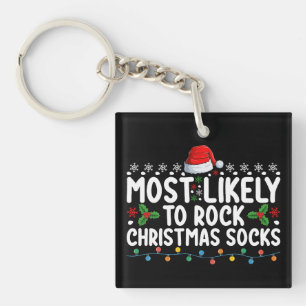 Most Likely To Rock Christmas Socks Family Holiday Key Ring