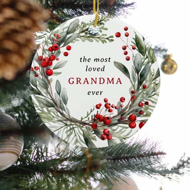 Most Loved Grandma Ever Festive Wreath Christmas  Ceramic Ornament (Creator Uploaded)