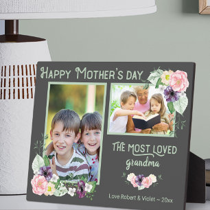 Most Loved Grandma - Floral Grey & Green Photo Plaque