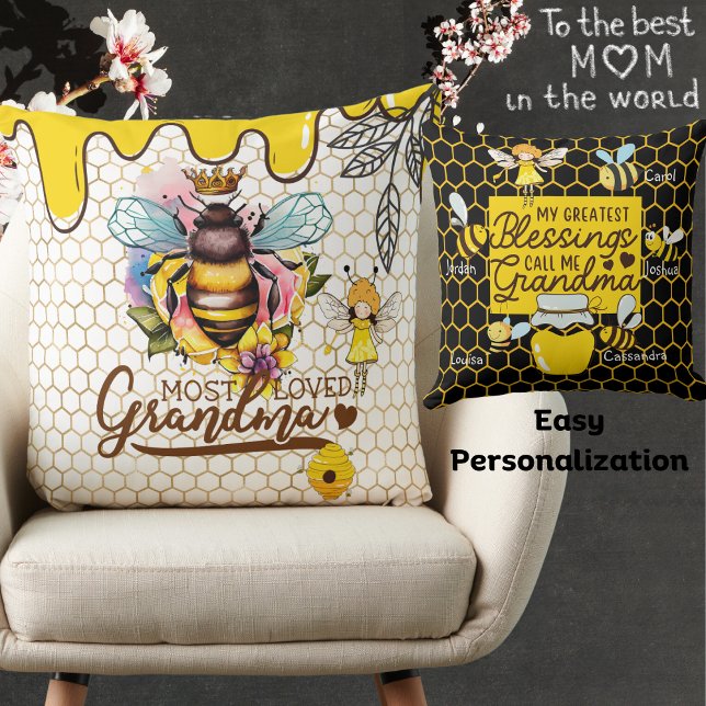 Most Loved Grandma-Grandchildren's Name-Queen Bee Cushion (Creator Uploaded)