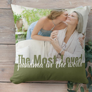 Most Loved Grandma in the World 2 Photo Green Cushion