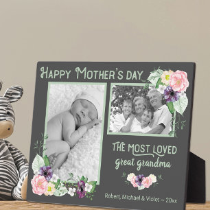 Most Loved Great Grandma - Floral Frame B&W Photo