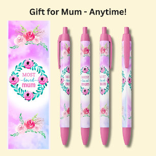 Most Loved Mum, Pink Flowers, Black Ink Pen
