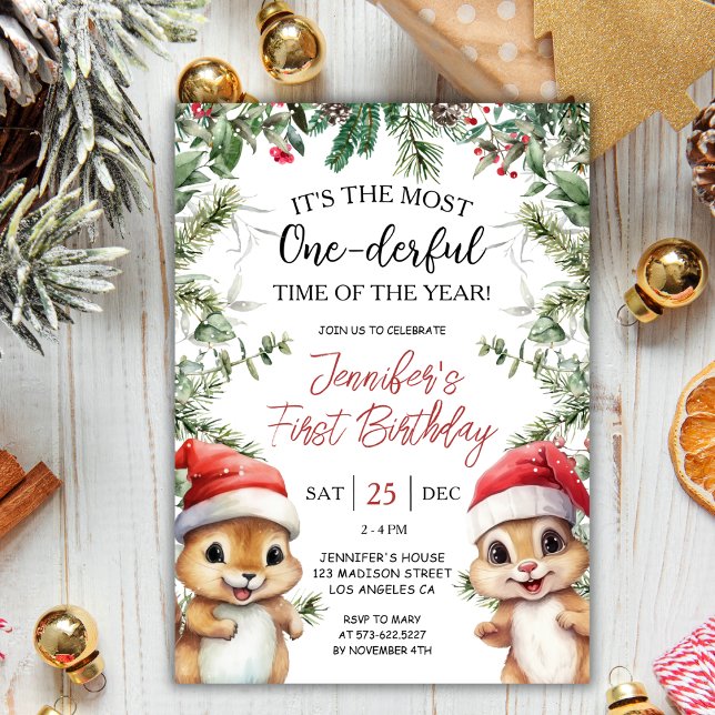 Most ONE-derful  | Squirrel Christmas 1st Birthday Invitation (Front)