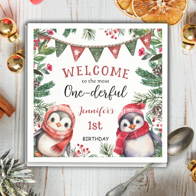 Most ONEderful | Penguin Christmas 1st Birthday Napkin (Creator Uploaded)