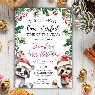 Most ONEderful Raccoons Christmas 1st Birthday Invitation