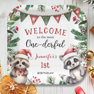 Most ONEderful Racoon Christmas 1st Birthday Paper Plate