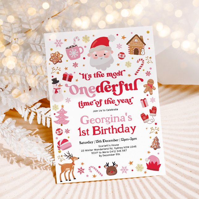 Most ONEderful Time Christmas Girl 1st Birthday Invitation (Creator Uploaded)