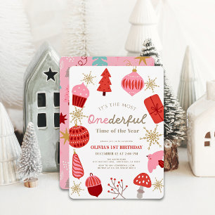 Most Onederful Time Christmas Pink 1st Birthday Invitation