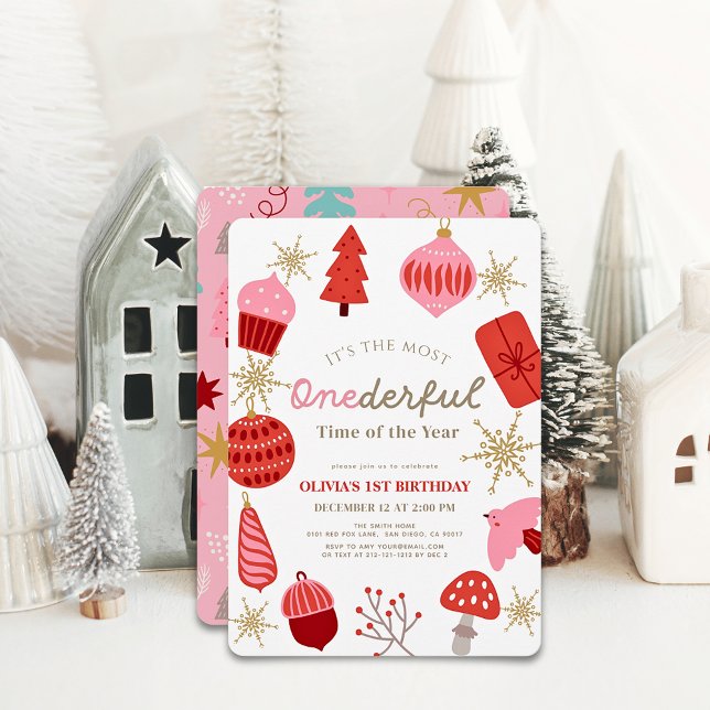 Most Onederful Time Christmas Pink 1st Birthday Invitation (Creator Uploaded)