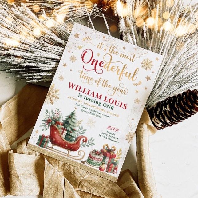 Most ONEderful Time Christmas Sleigh 1st  Birthday Invitation (Creator Uploaded)