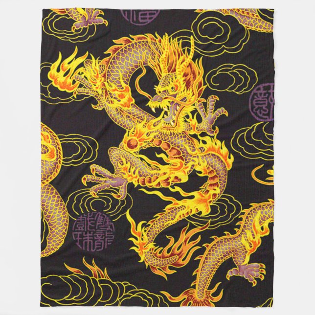 Most Popular Golden Chinese Emperor Dragon Fantasy Fleece Blanket (Front)