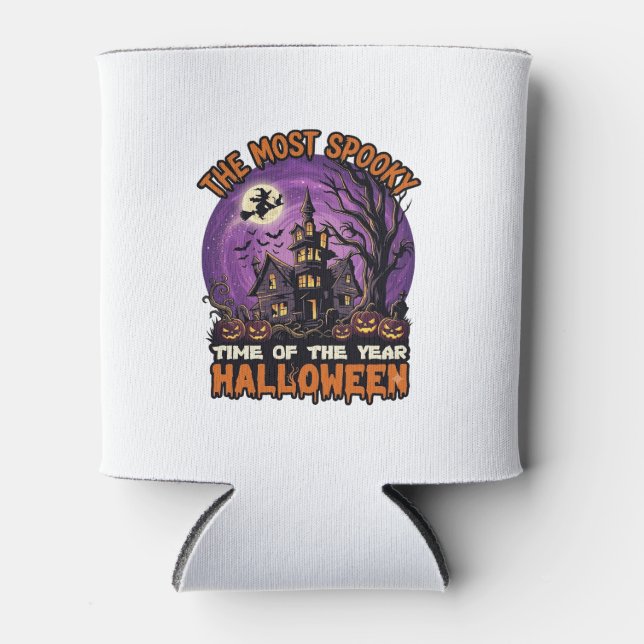 Most Spooky Halloween Haunted House Witch Pumpkins Can Cooler (Front)